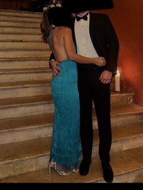 Teal/ Turquoise Fringe Backless Halter Maxi Dress – Formal / Evening